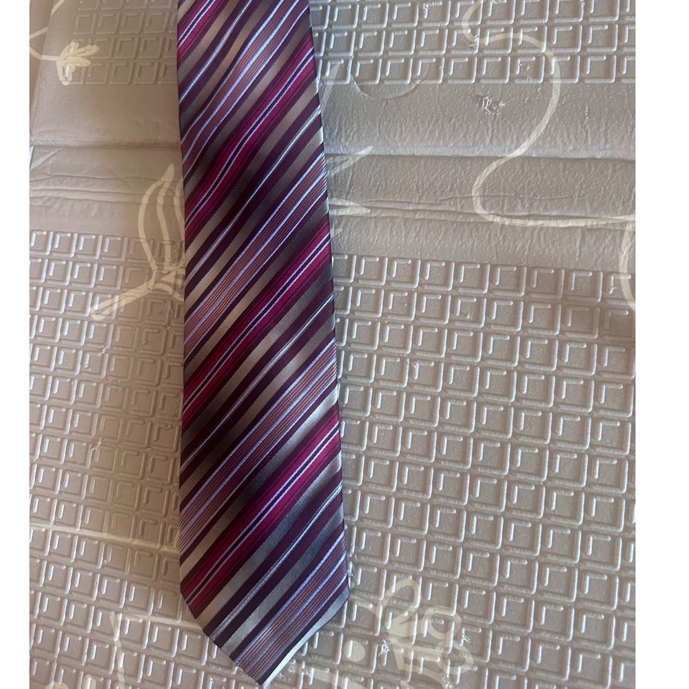 Dei Giovani Mens Silk Necktie Burgundy Grey Blue Striped Classic Formal Tie